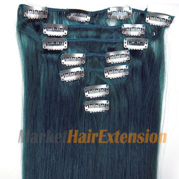 16 inches Blue 7pcs Clip In Indian Remy Hair Extensions
