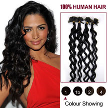 16 inches Jet Black (#1) 100S Curly Nail Tip Human Hair Extensions