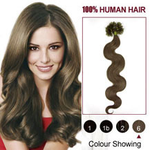 16" Light Brown (#6) 100S Wavy Nail Tip Human Hair Extensions