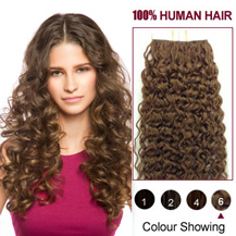 22 inches Light Brown (#6) 20pcs Curly Tape In Human Hair Extensions