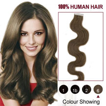 20 inches Light Brown (#6) 20pcs Wavy Tape In Human Hair Extensions