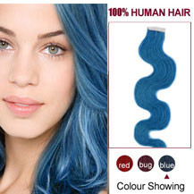 16 inches Blue 20pcs Wavy Tape In Human Hair Extensions